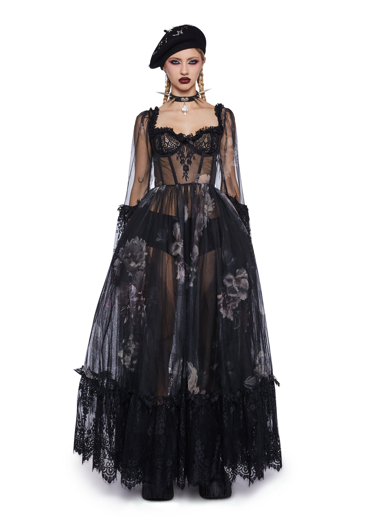 Widow Floral Mesh Gothic Maxi Dress
