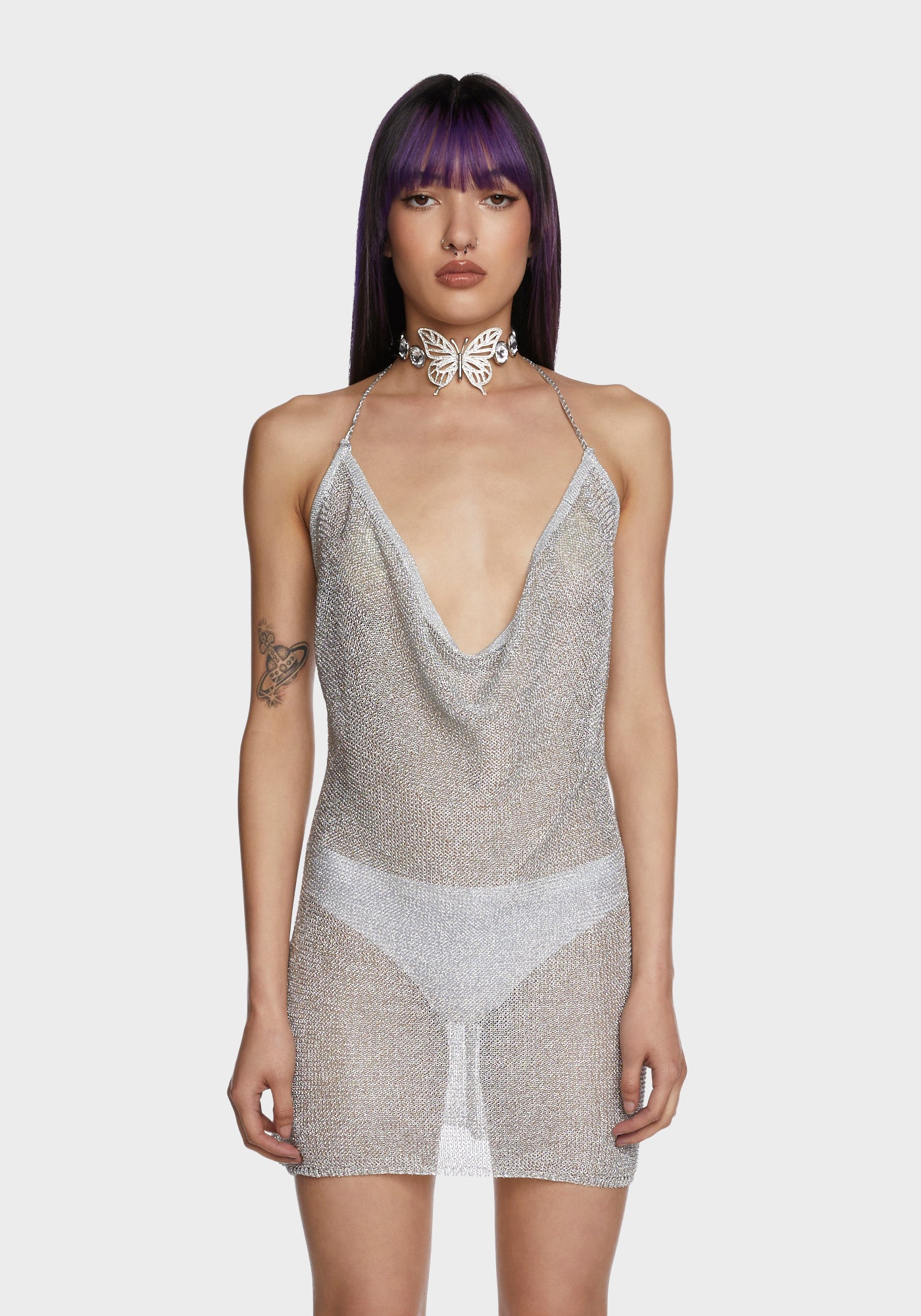Sheer Knit Open Back Cowl Neck Mini Dress - Silver Dolls Kill Sheer Knit Open Back Cowl Neck Mini Dress - Silver Dolls Kill