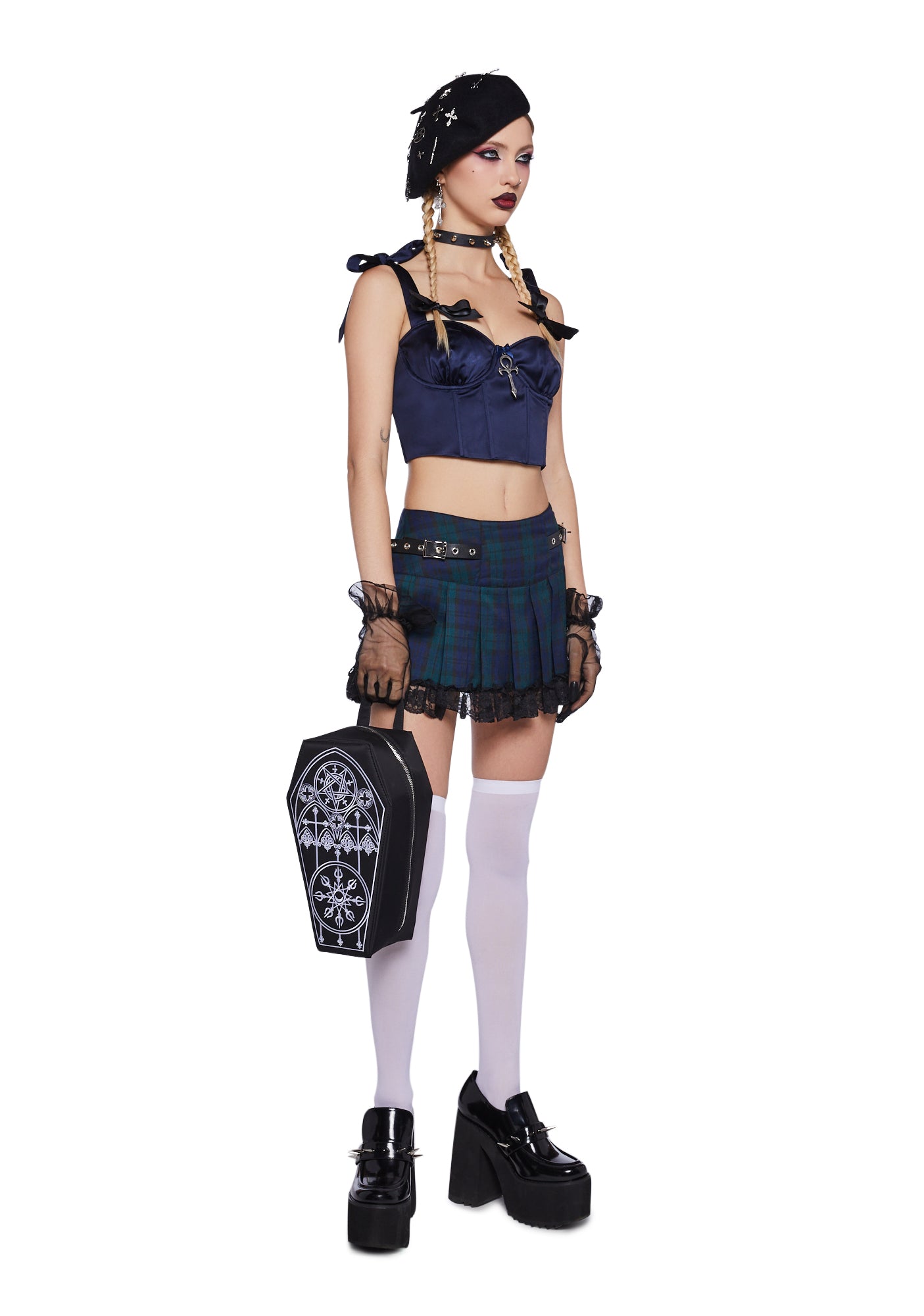 Widow Satin Ankh Charm Crop Corset Top Dark Blue Dolls Kill