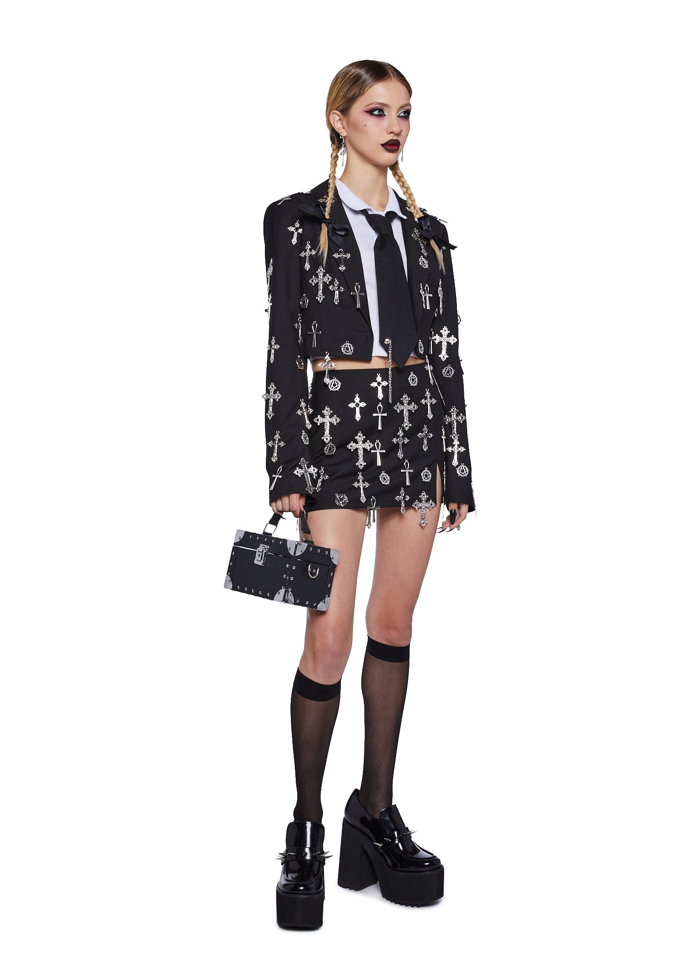 Widow Cross Pentagram Charm Crop Blazer - Black – Dolls Kill Widow Cross Pentagram Charm Crop Blazer - Black – Dolls Kill