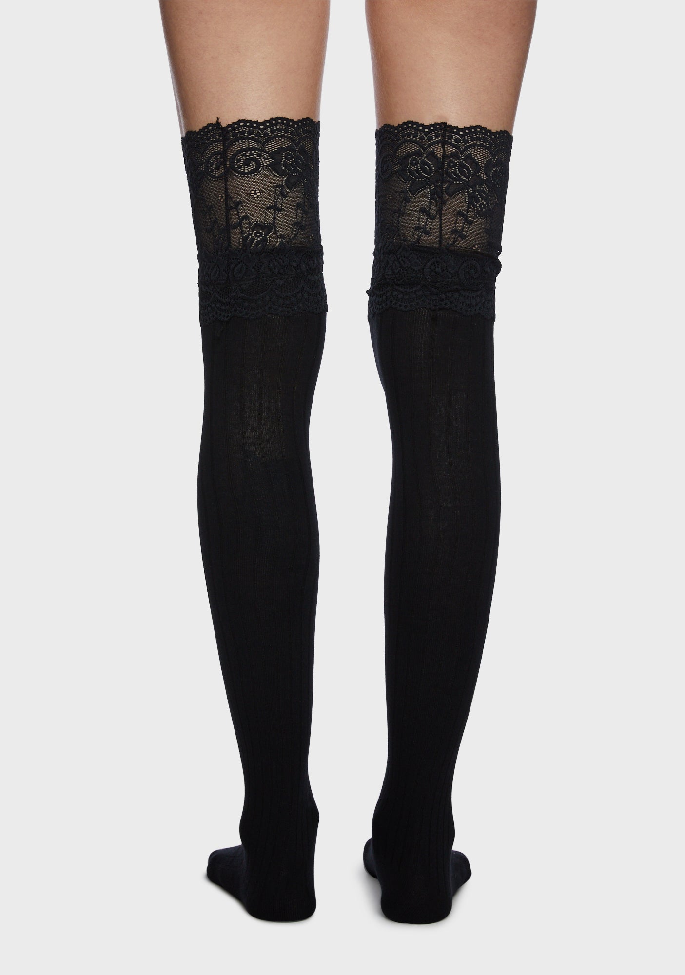 Striped Lace Trim Knit Thigh High Socks Black Dolls Kill