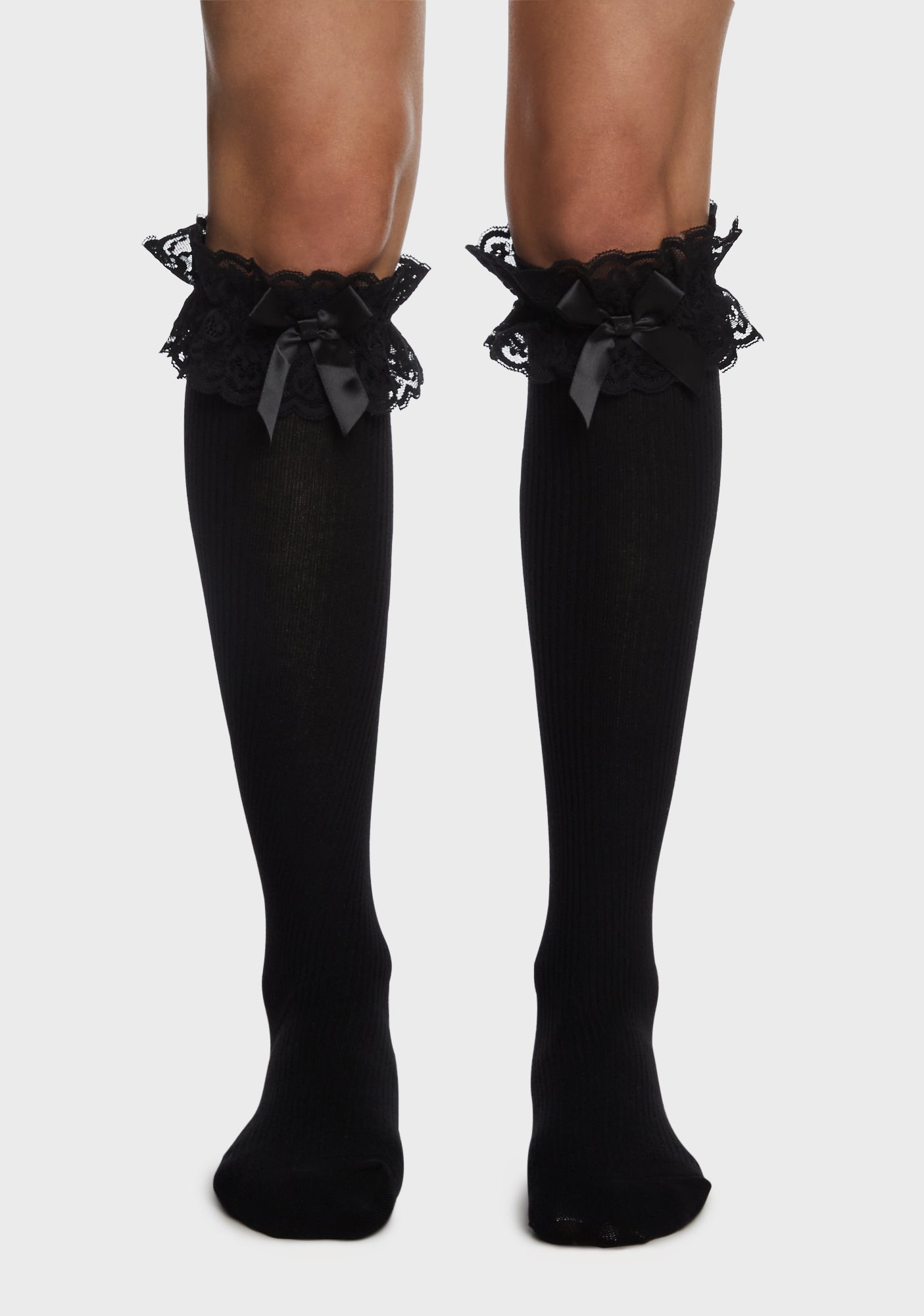 Ruffled Lace Bow Knee High Socks - Black – Dolls Kill