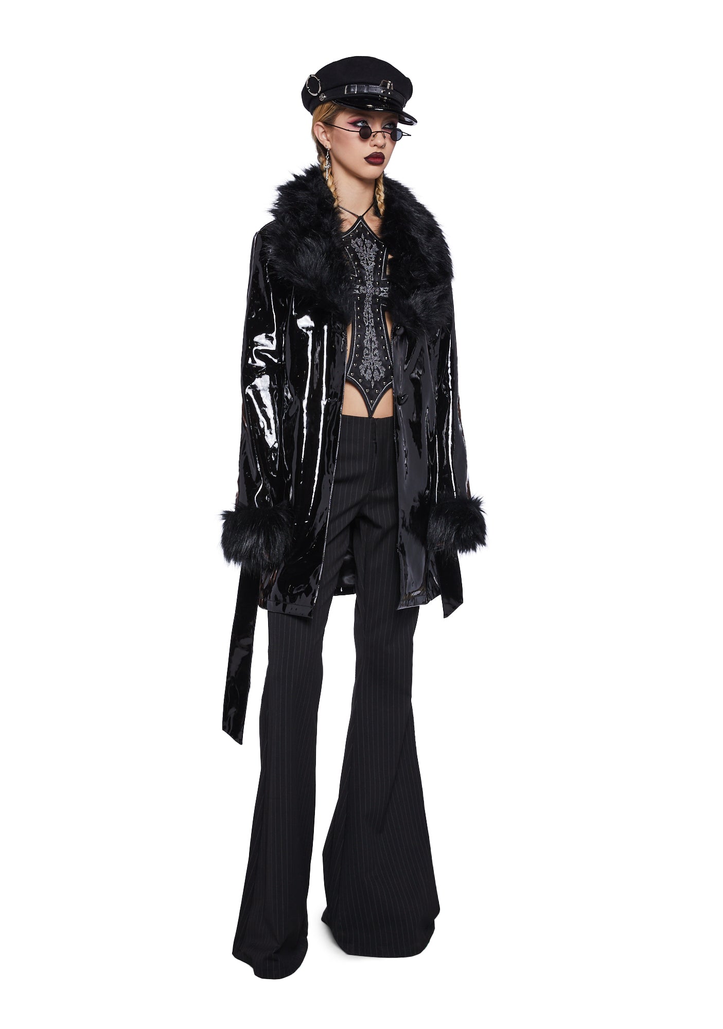 ジャケット・アウター Murder license mods coat fur coat emo Widow Vinyl Faux Fur Coat - Black – Dolls Kill