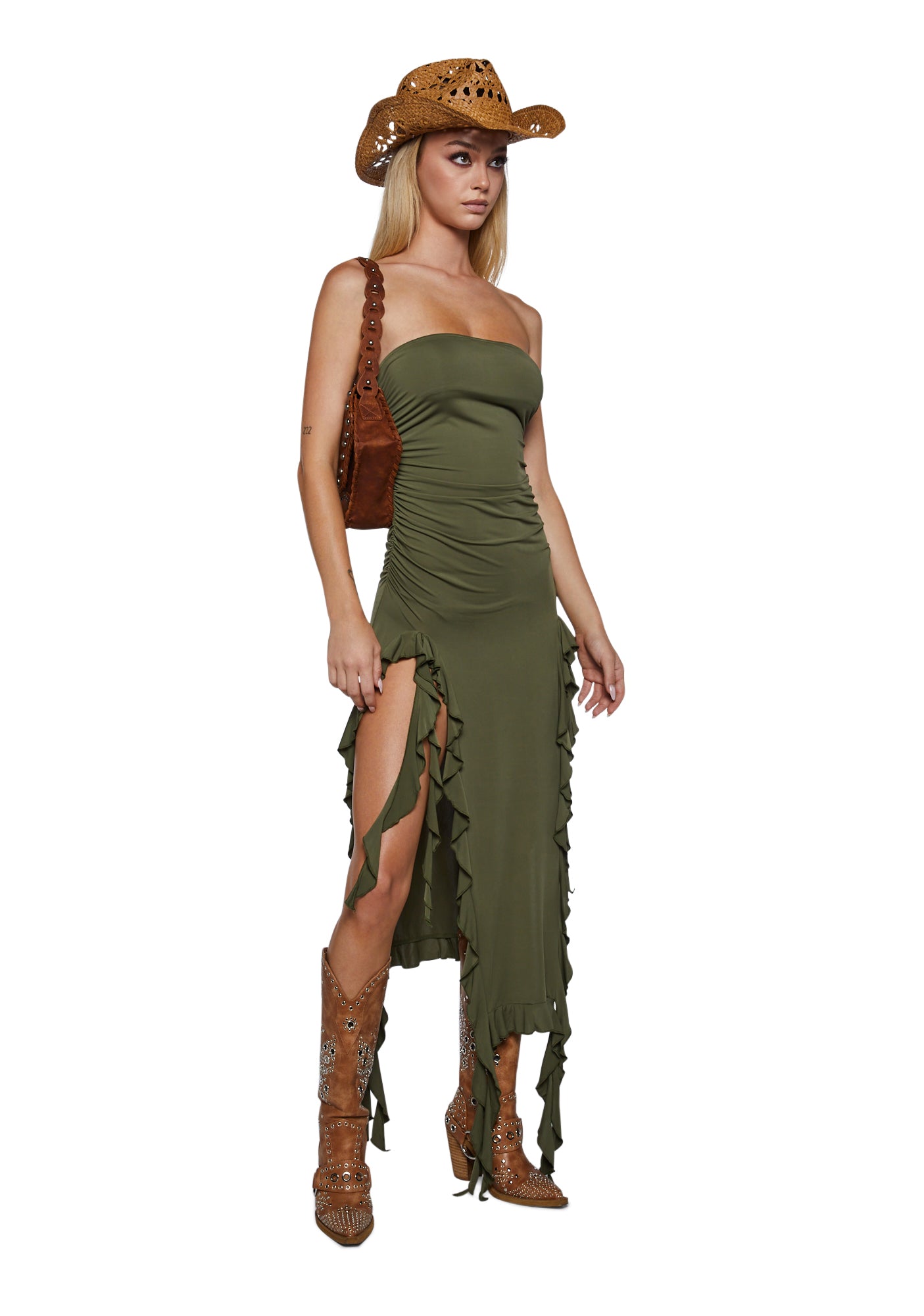 Lioness Strapless Ruffle Midi Dress - Olive Dolls Kill Lioness Strapless Ruffle Midi Dress - Olive Dolls Kill