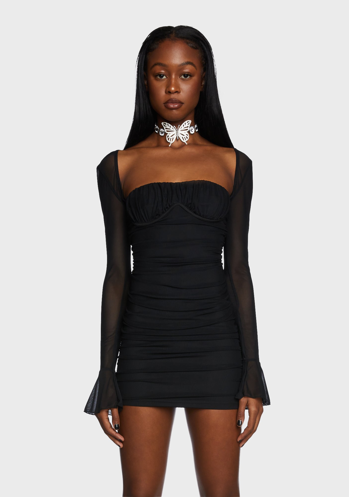 Ruched Bodycon Long Sleeve Dress - Black – Dolls Kill