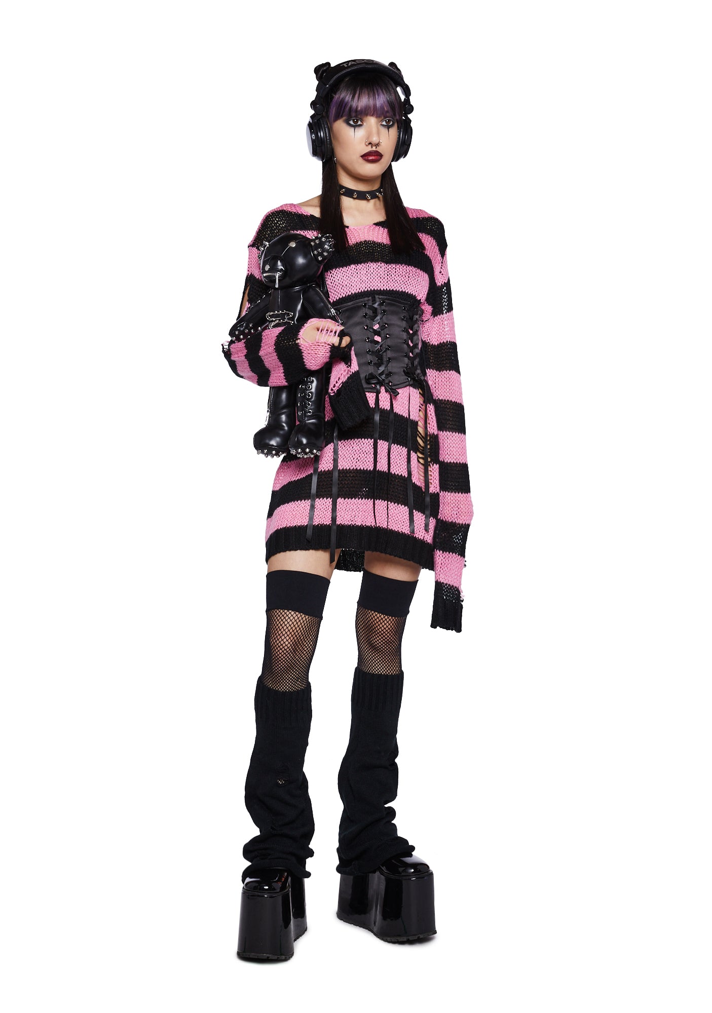 The Grave Girls Distressed Striped Oversized Sweater Black Pink Dolls Kill
