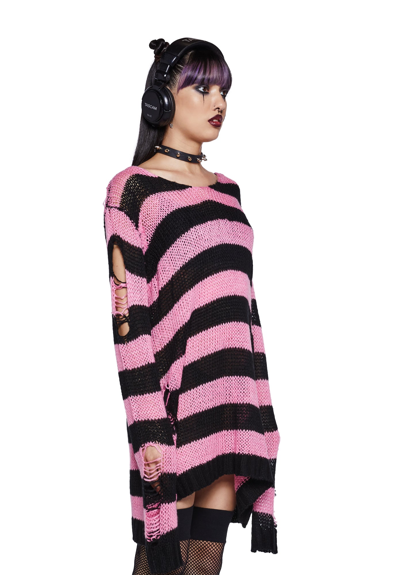The Grave Girls Distressed Striped Oversized Sweater Black Pink Dolls Kill