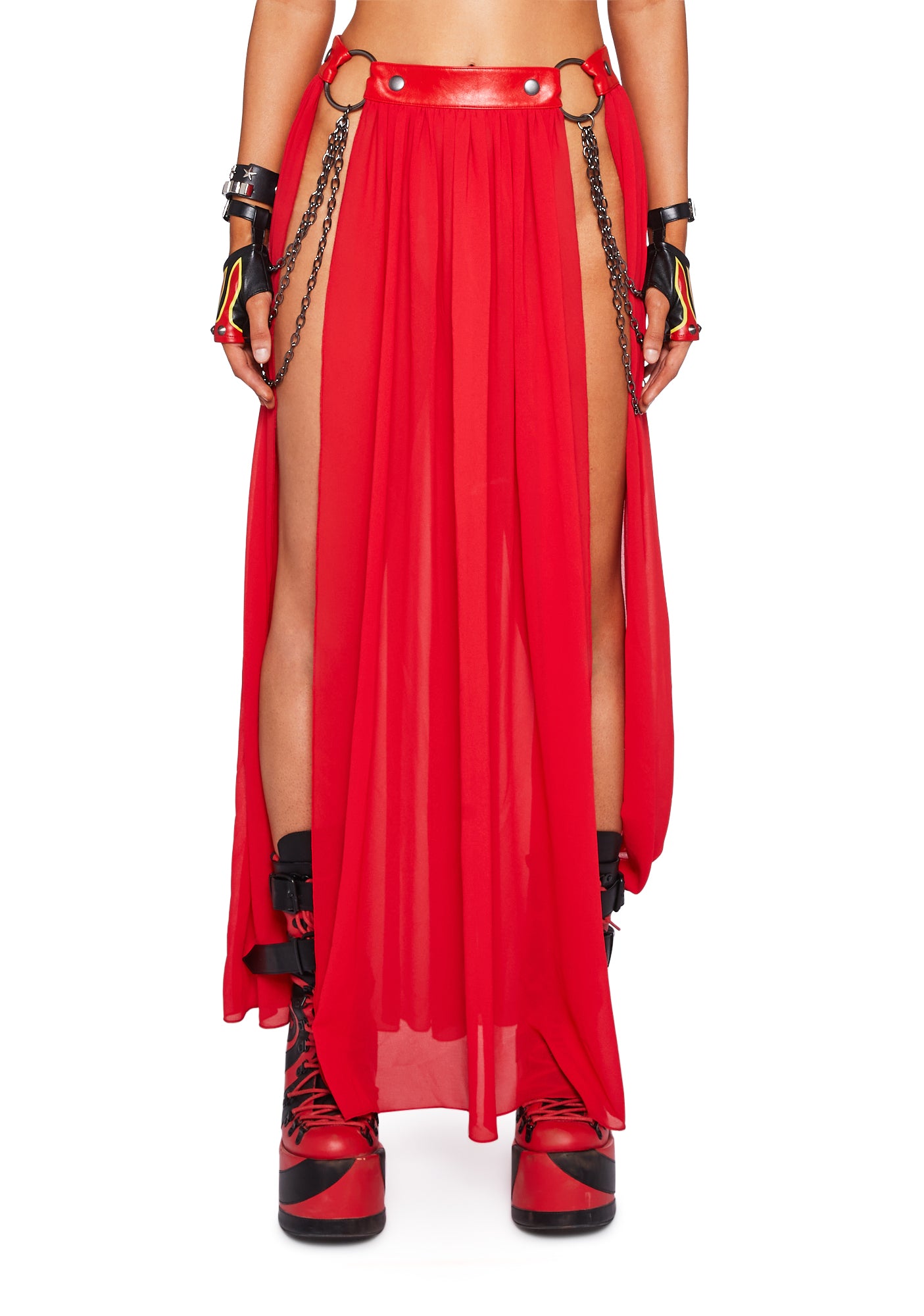 Club Exx Chiffon Maxi Skirt With Front Slits And Chain Straps - Red ...