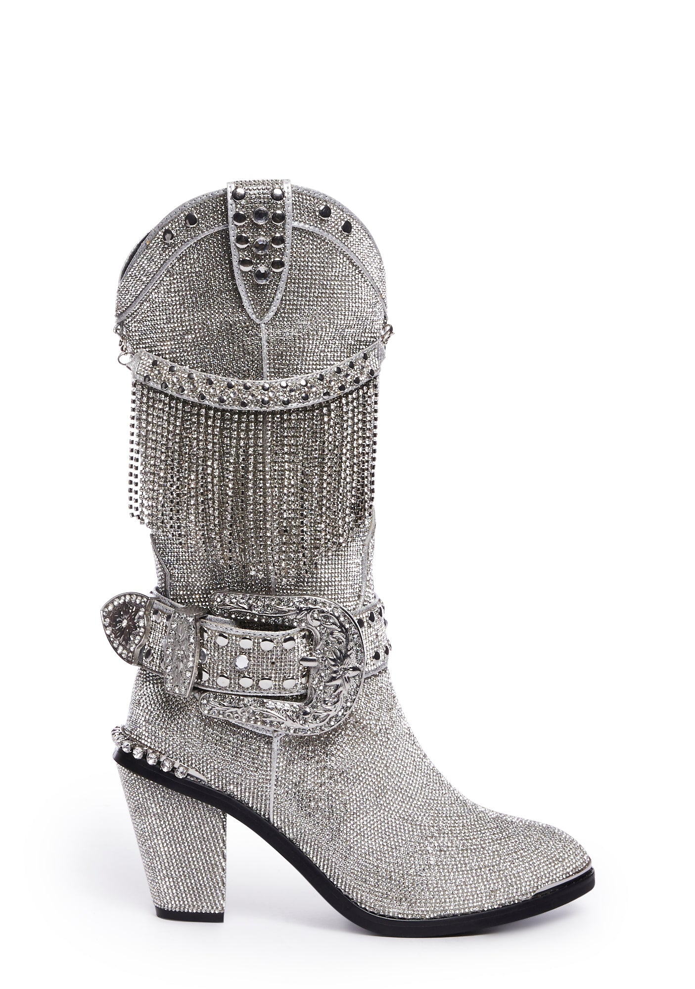 Club Exx Fringe Rhinestone Cowboy Boots - Silver – Dolls Kill