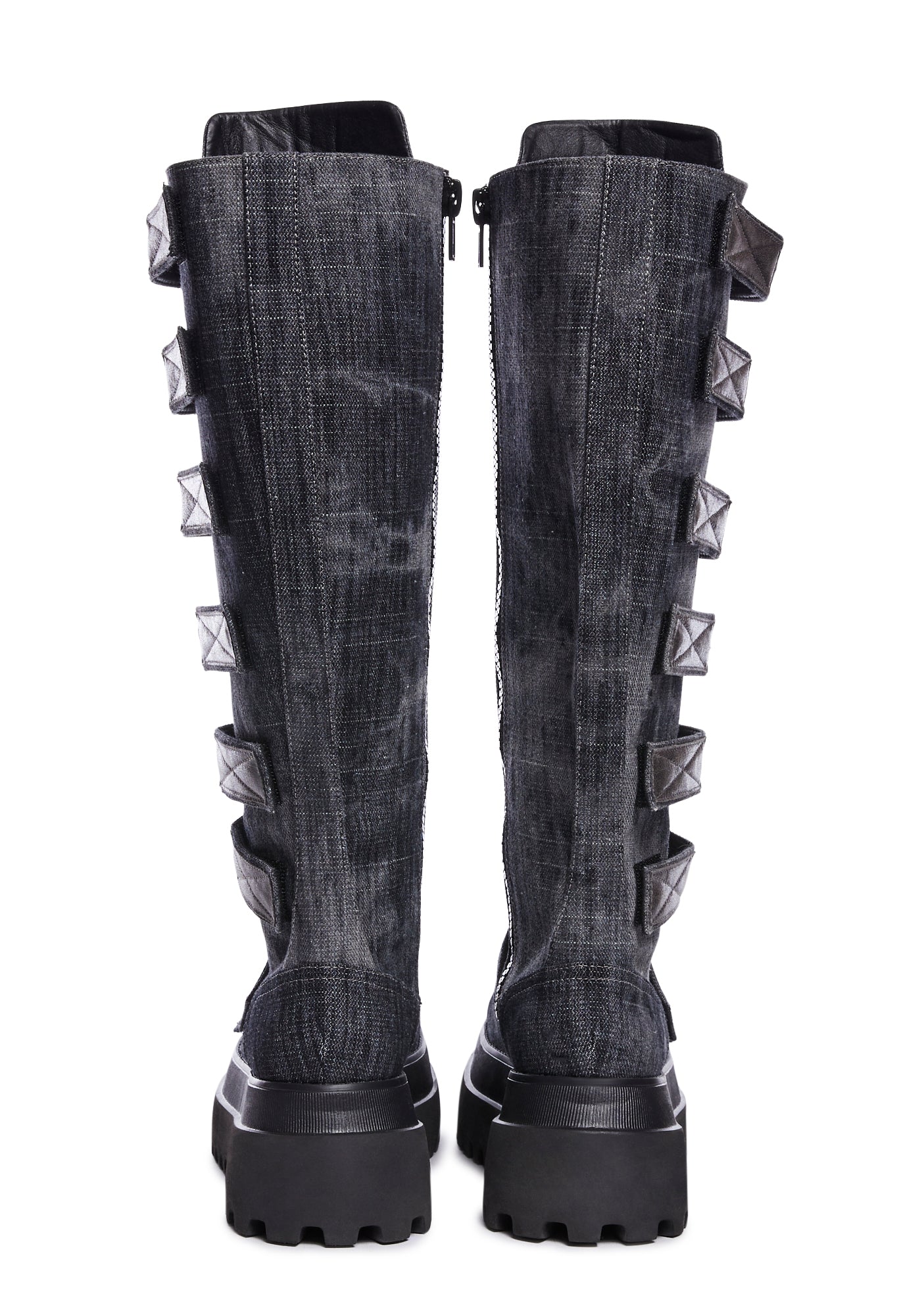 Club Exx Strappy Velcro Knee High Combat Boots Dark Gray Dolls Kill