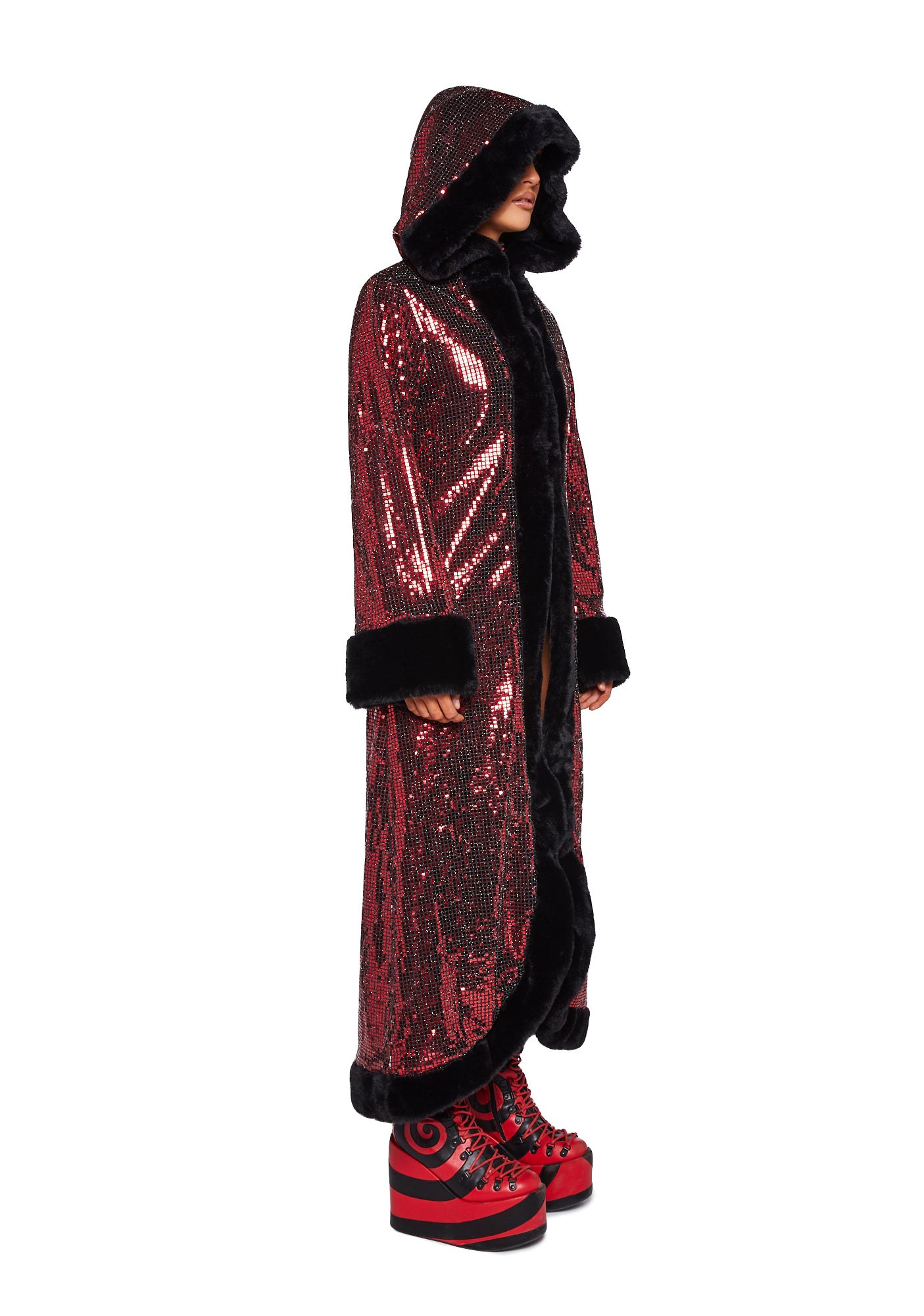Club Exx Mirror Sequin Hooded Duster Coat - Red – Dolls Kill