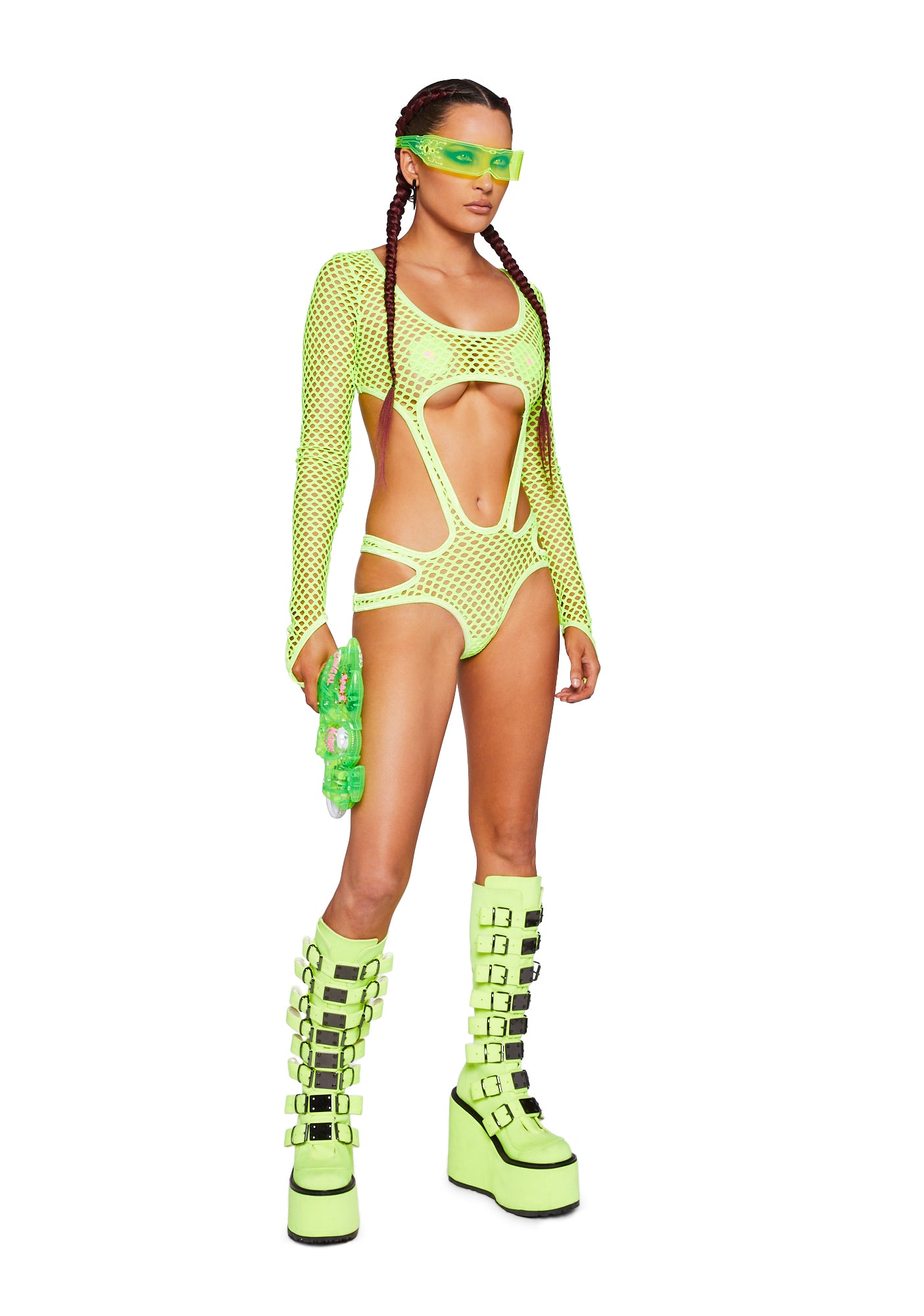 Club Exx Long Sleeve Cut Out Fishnet Bodysuit Neon Green Dolls Kill