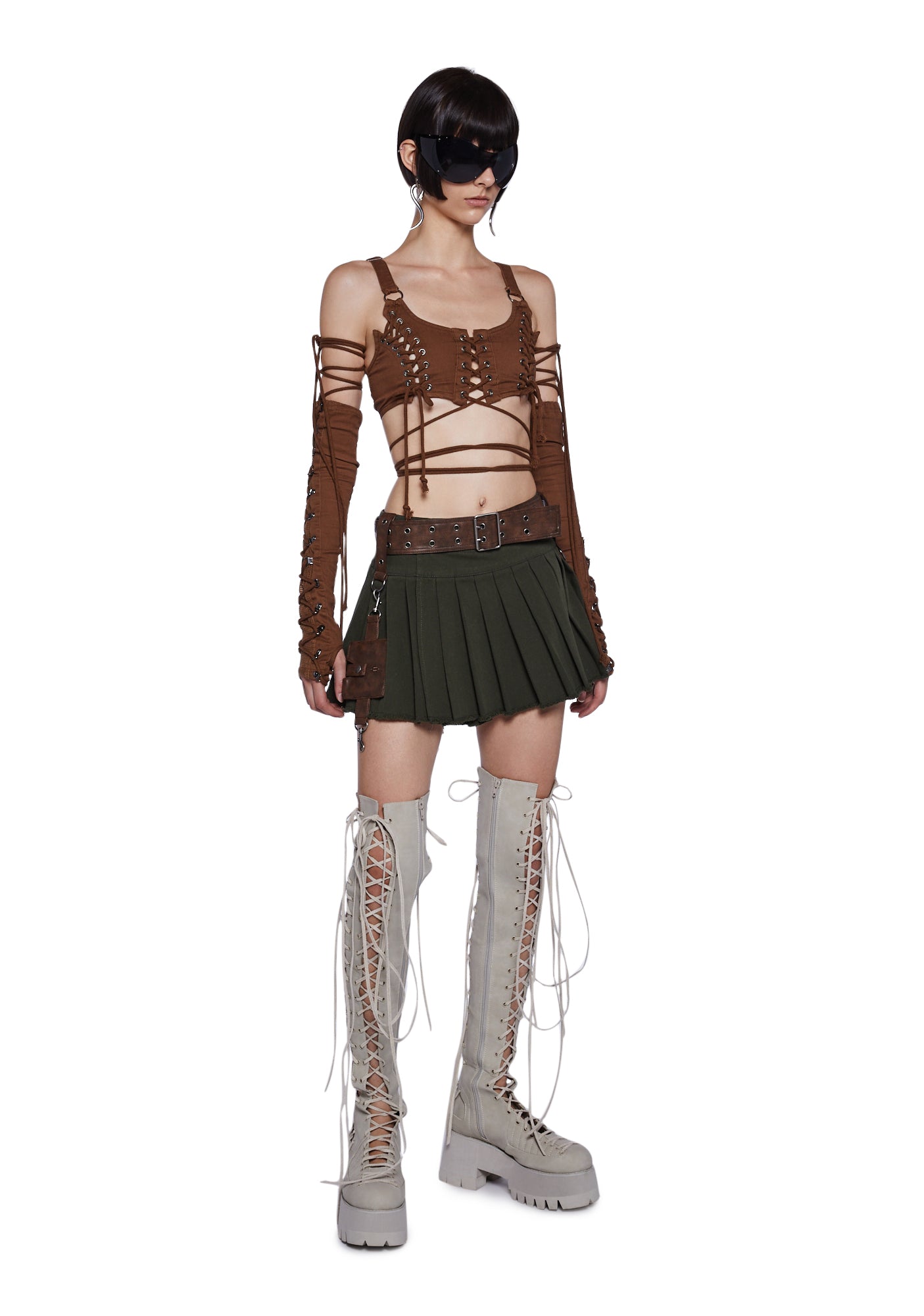 Darker Wavs Wrap Lace-Up Crop Top And Gloves Set - Brown