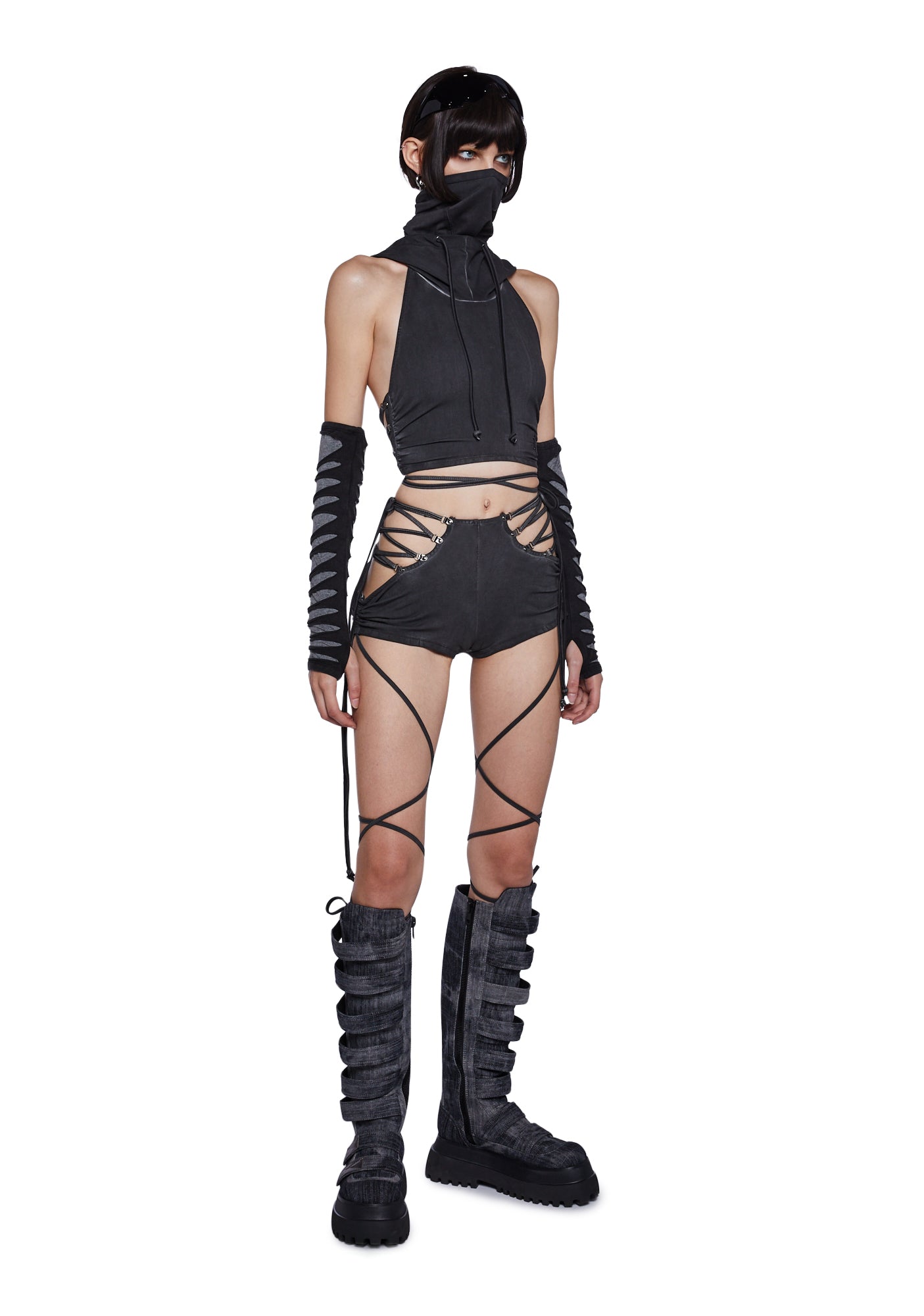 Darker Wavs Cut Out Lace Up Ruched Shorts - Dark Gray