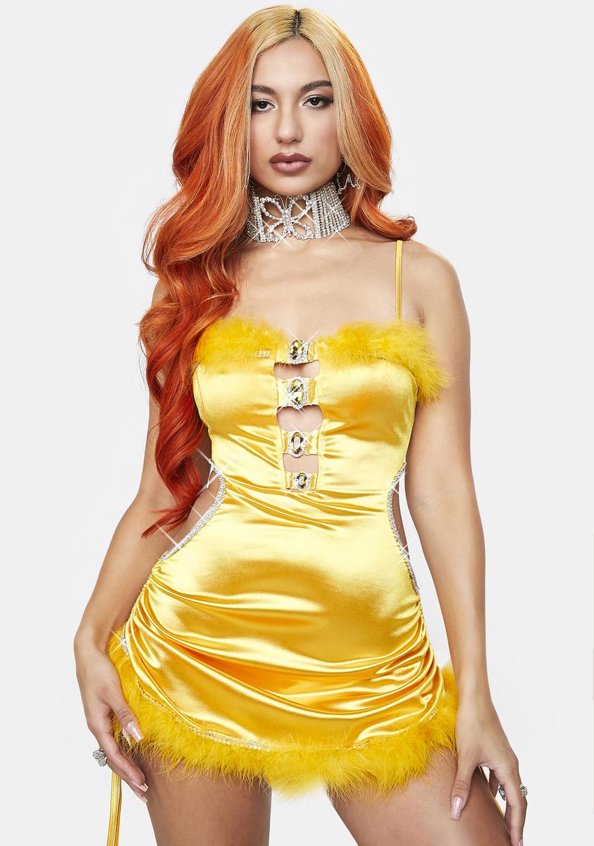 Dolls Kill x Yung Reaper Faux Fur Trim Rhinestone Satin Dress Yellow