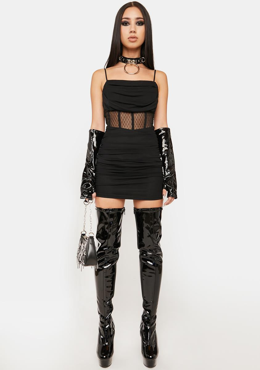 Ruched Bodycon Dress With Sheer Detailing