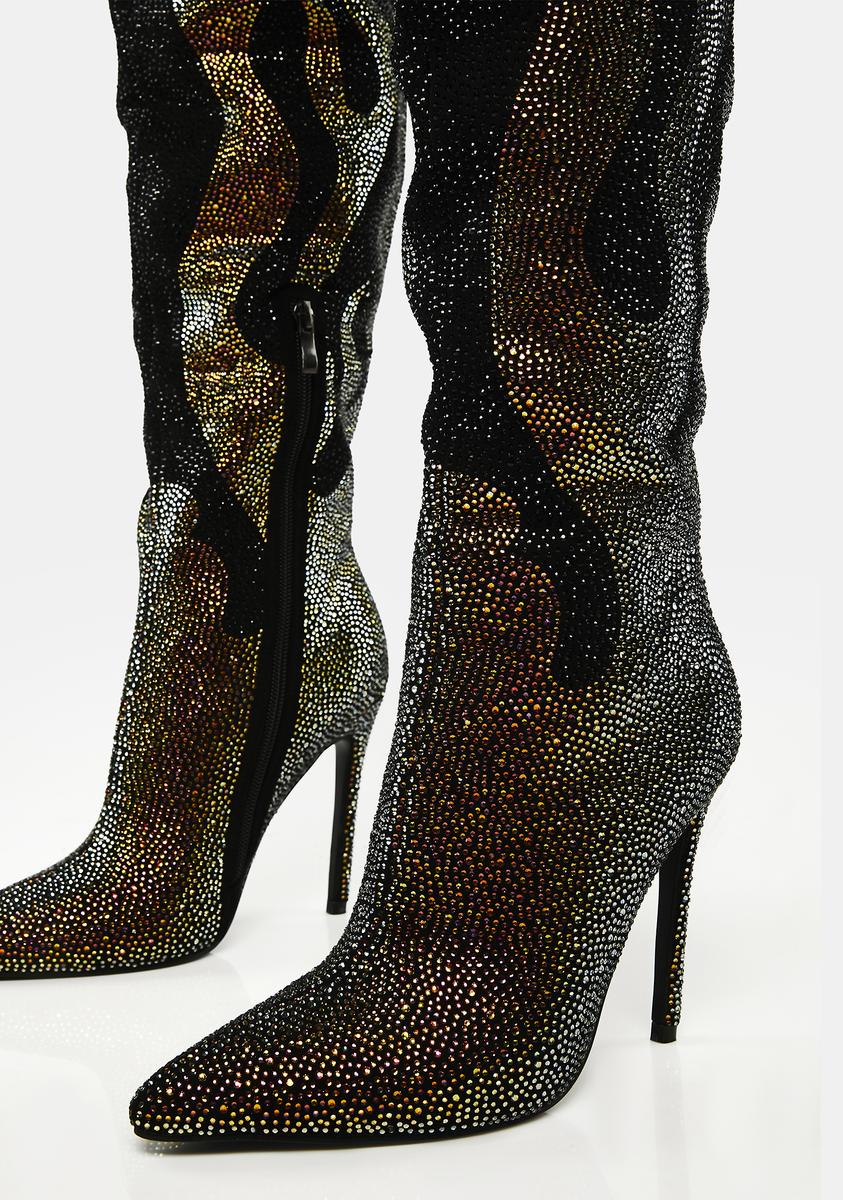 AZALEA WHING Rhinestone Flame Thigh High Boots - Black