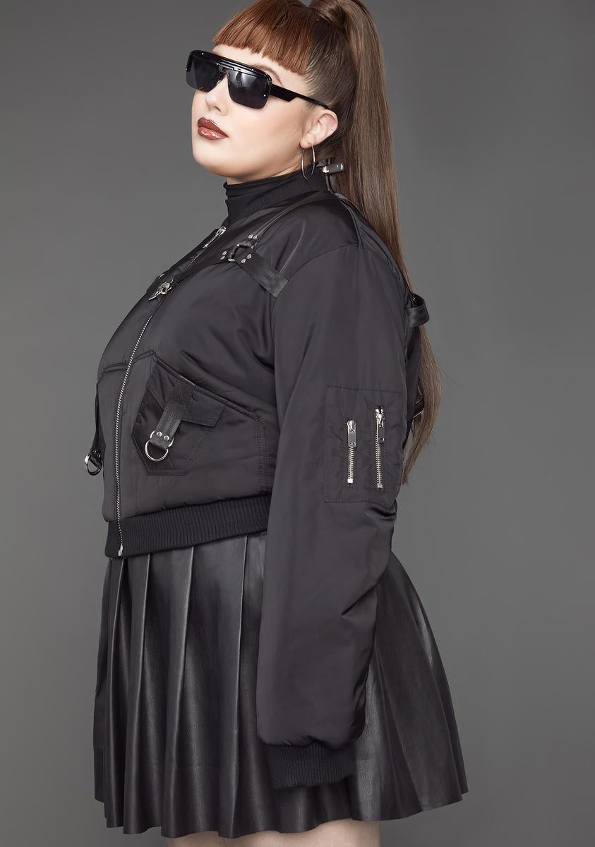 Plus Size Poster Grl Cropped O-Ring Bomber Jacket - Black