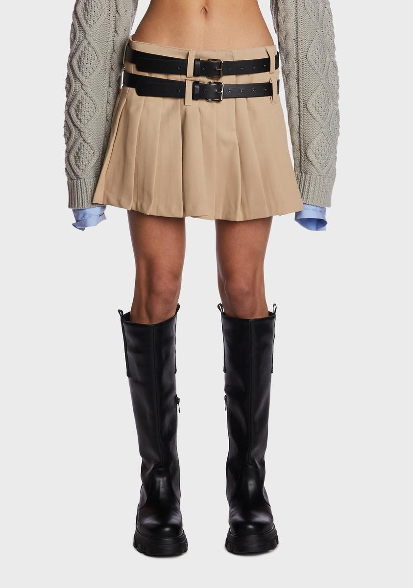 Pleated Double Vegan Leather Buckle Mini Skirt - Beige – Dolls Kill
