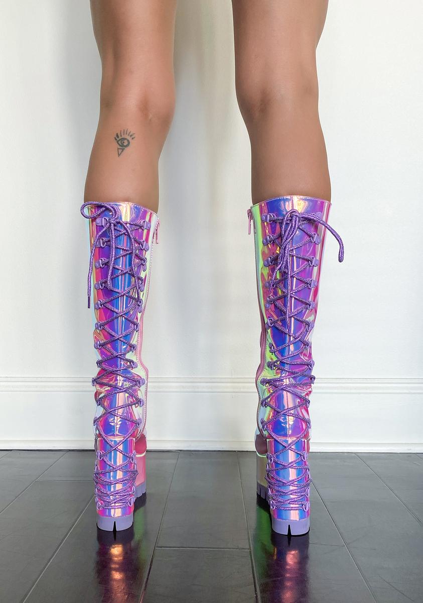 Sugar Thrillz Iridescent Platform Lace Up Boots - Pink Blue