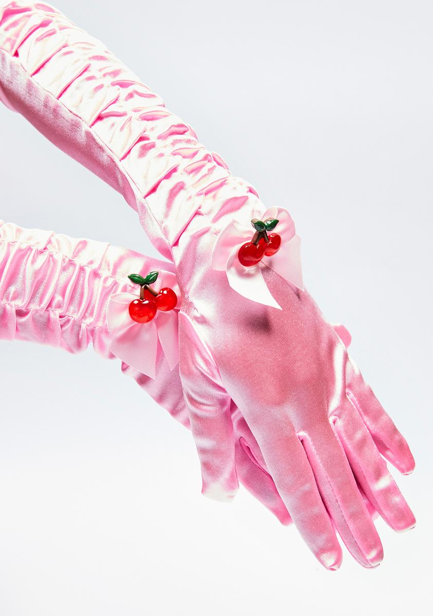 Ruched Tall Gloves With Cherry And Bow - Pink – Dolls Kill