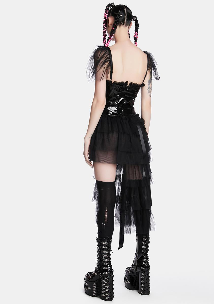 Widow Vinyl Tulle Asymmetric Corset Dress - Black/Gray  Dolls Kill