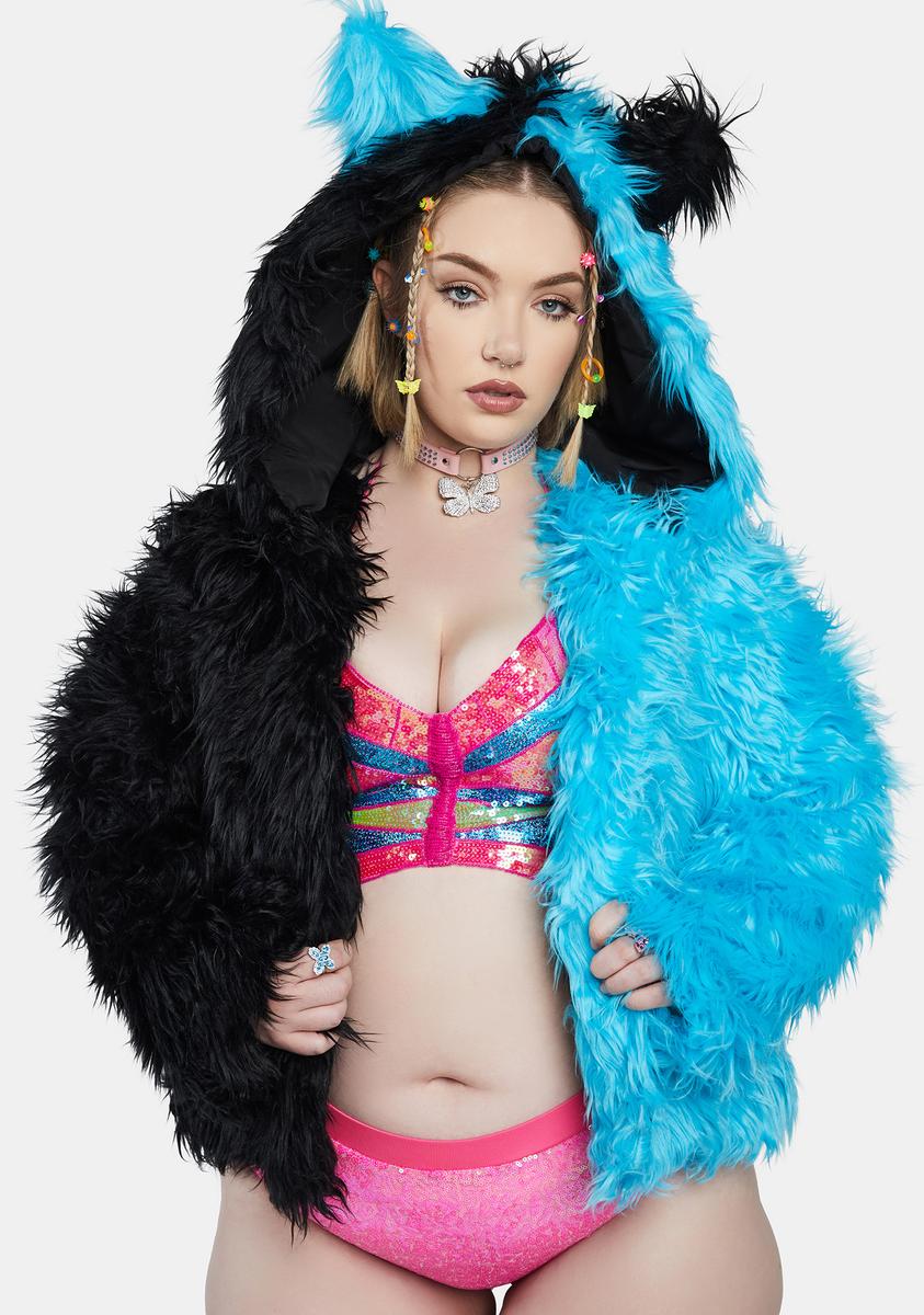 Plus Size Club Exx Two Tone Hooded Faux Fur Jacket - Blue/Black – Dolls Kill