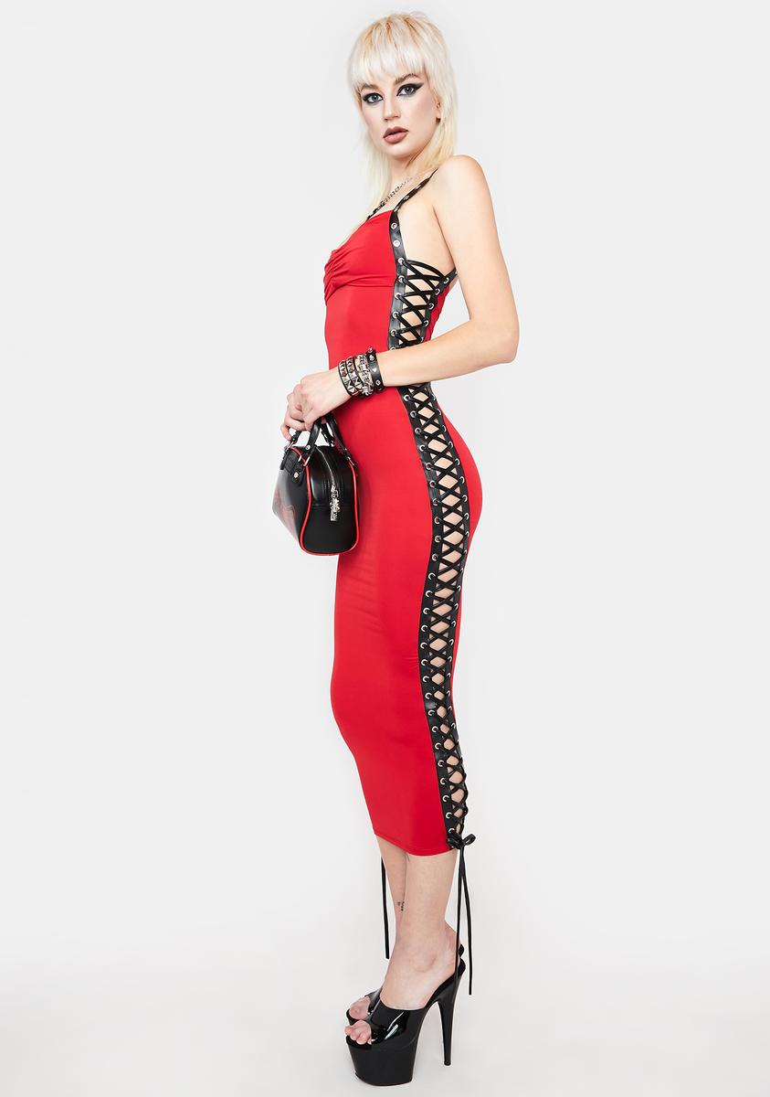 Lace Up Sides Bodycon Maxi Dress - Red/Black Dolls Kill Lace Up Sides Bodycon Maxi Dress - Red/Black Dolls Kill