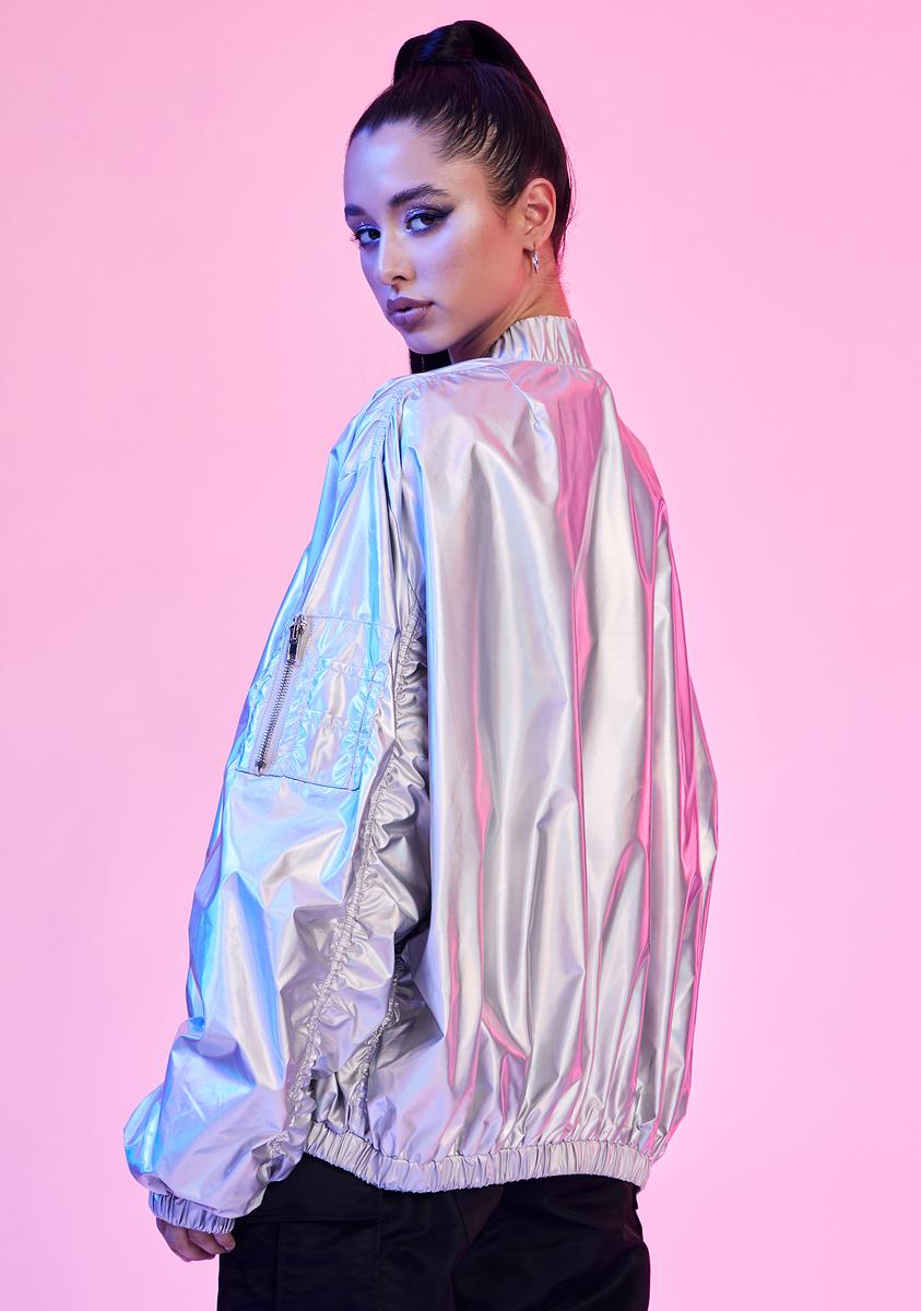 Current Mood Holographic Bomber Jacket - Silver – Dolls Kill