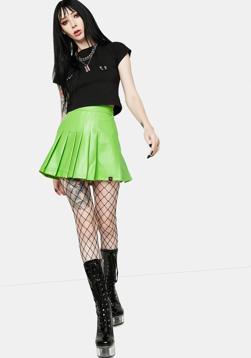 Alice's Lips School Neon Green Vegan Leather Pleated Skirt – Dolls Kill