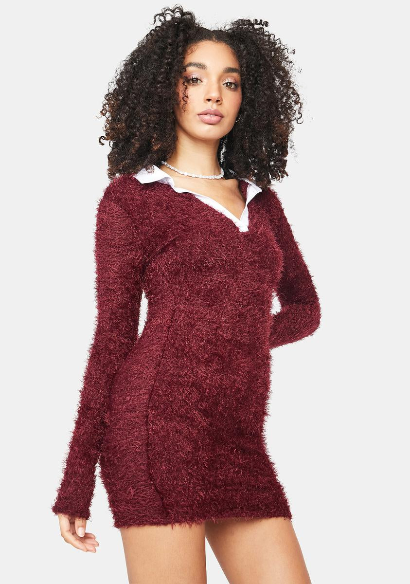 knee length dresses for ladies Fuzzy Contrast Collar Long Sleeve Bodycon Mini Dress Burgundy – Dolls Kill