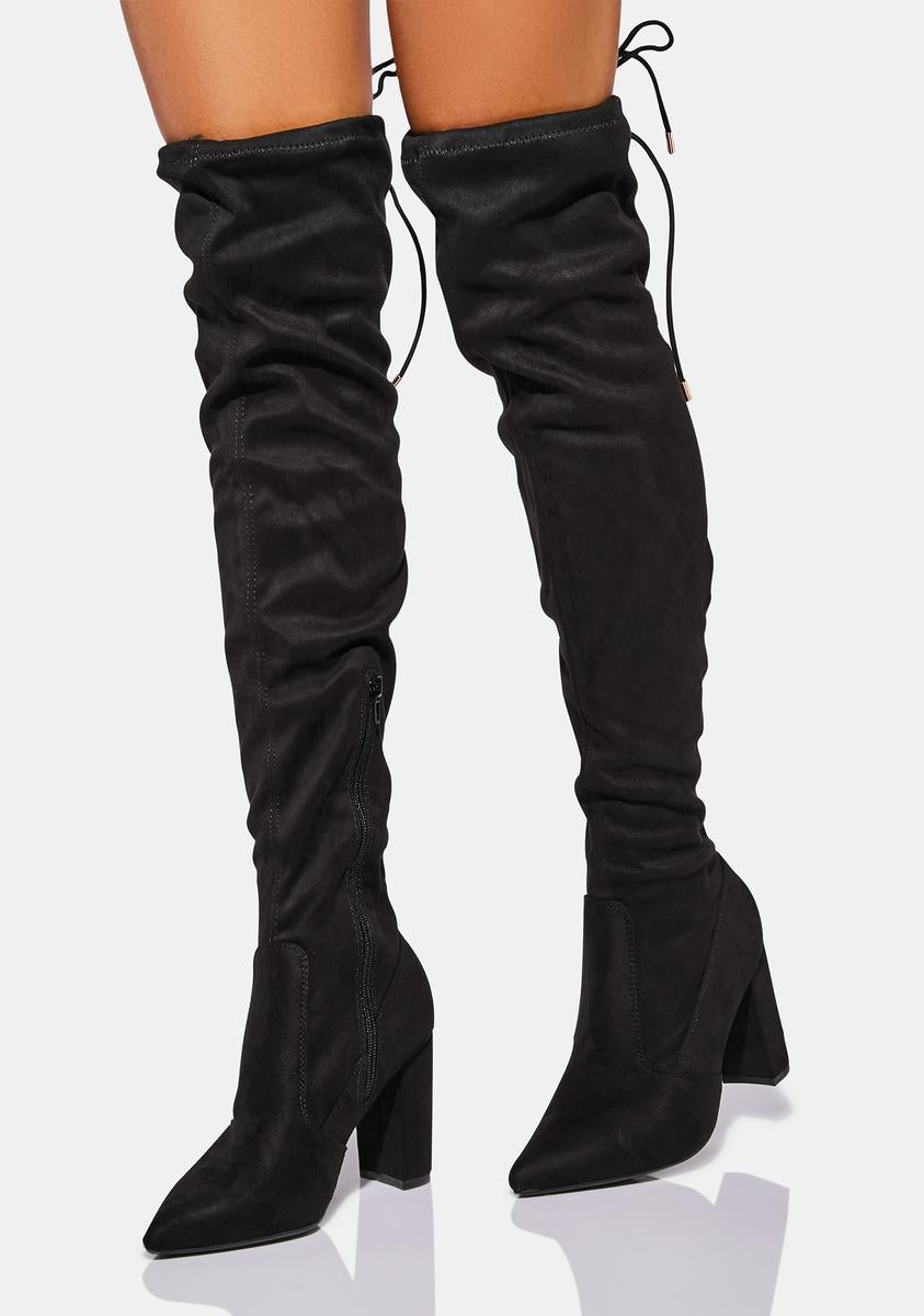 Faux Suede Pointed Toe Tie Closure Knee High Boots - Black – Dolls Kill