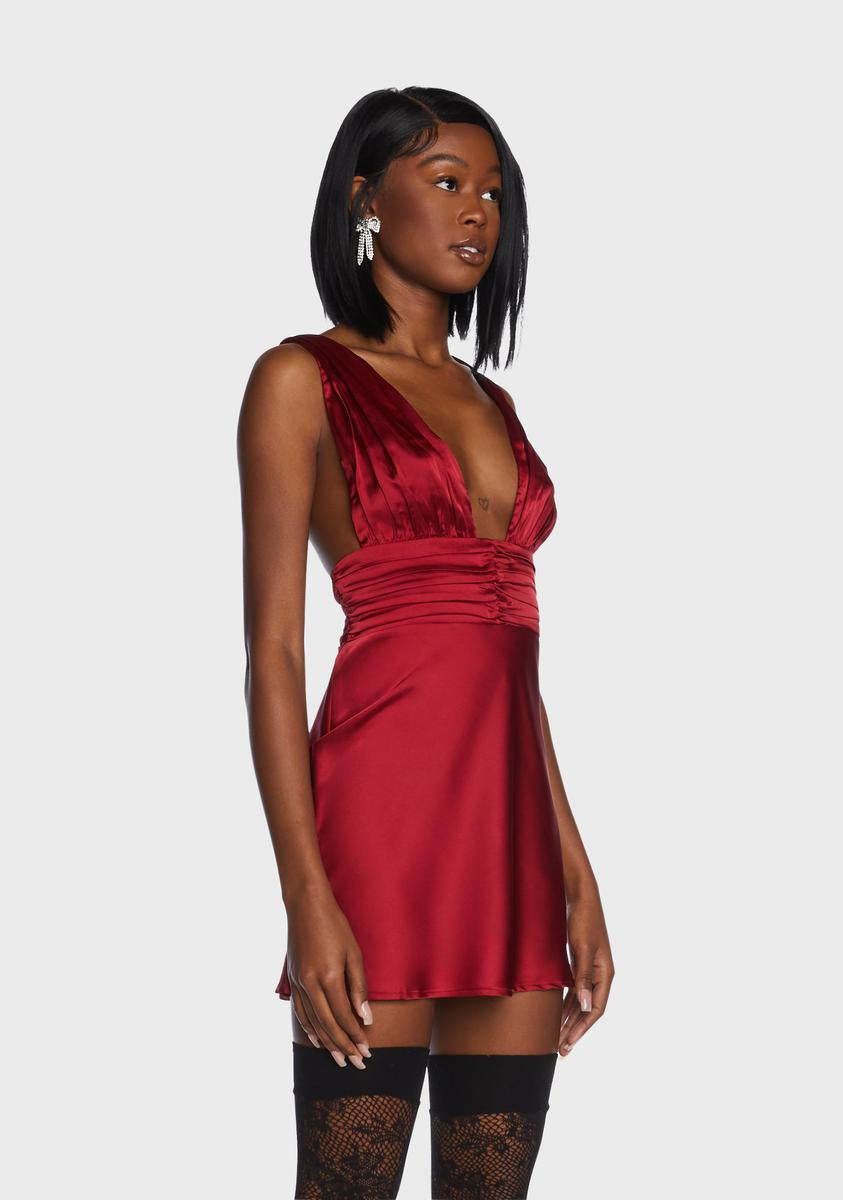 Ruched Detail Satin Plunge Neck Mini Dress