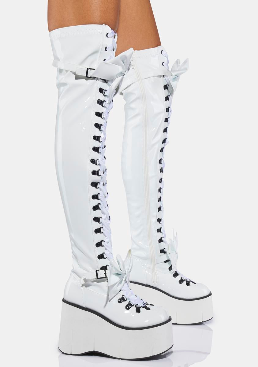Demonia Kera-303 Bow Thigh High Boots - White – Dolls Kill