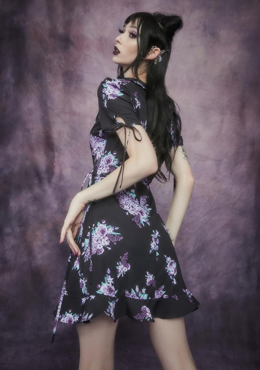Widow Fairy Lace Wraparound Ruffle Floral Mini Dress