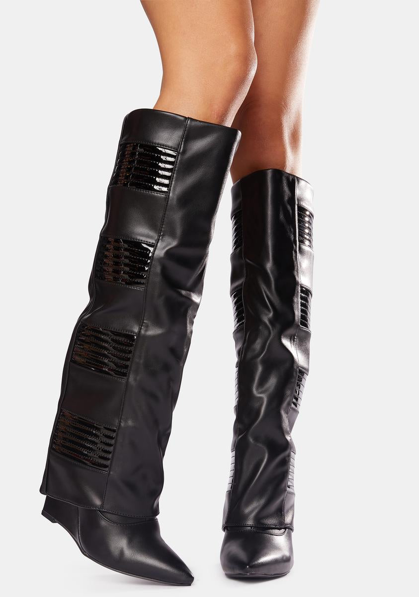 AZALEA WANG Folded Vegan Leather Wedge Boots - Black – Dolls Kill