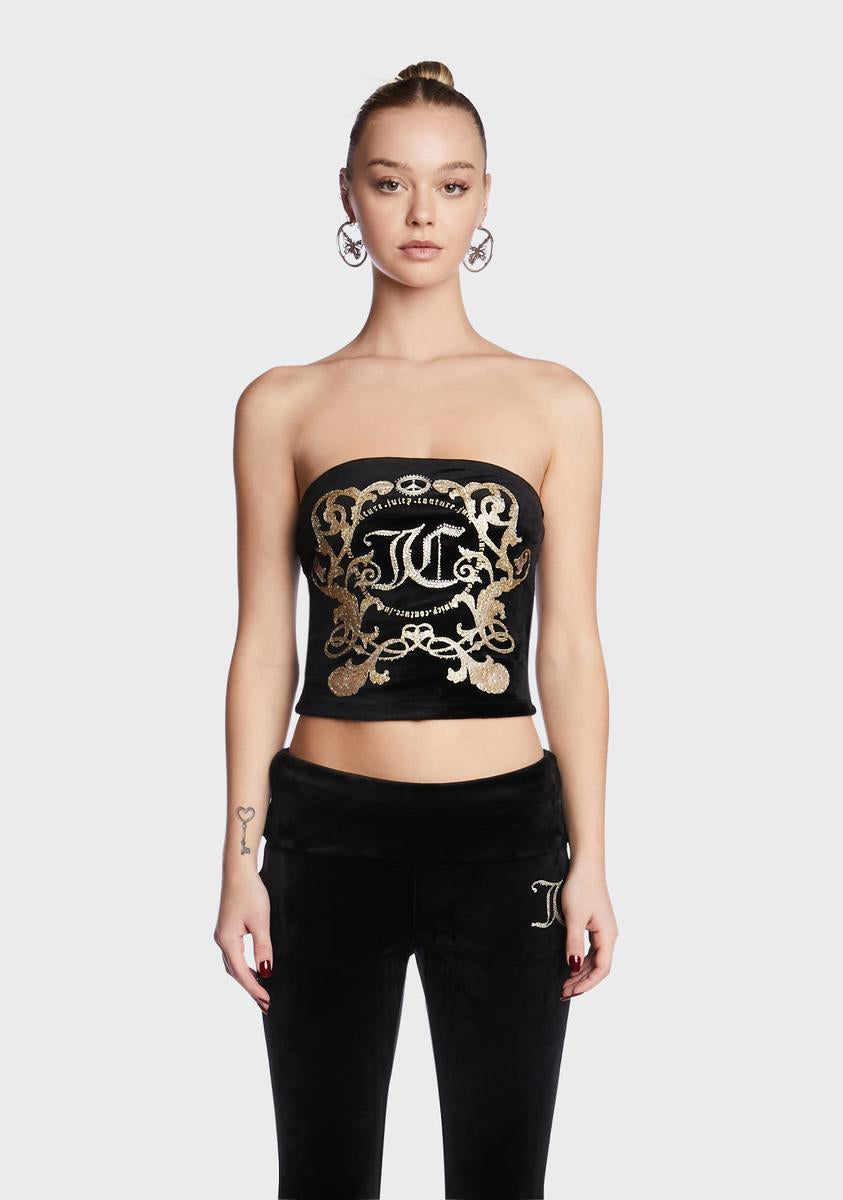Juicy Couture Metallic Monogram Velour Tube Top - Gold/Black – Dolls Kill