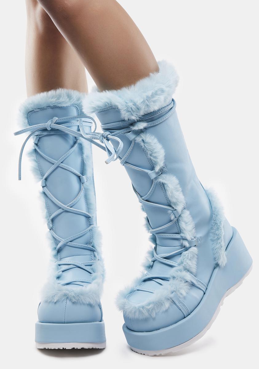 ぷゆ Demonia Cubby-311 Faux Fur Trim Knee High Boots - Blue