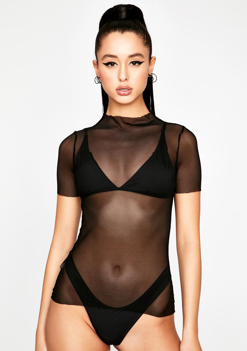 Black Mesh Mock Neck Tee BINYA,All Products : American Fashion Style Bags On Sale