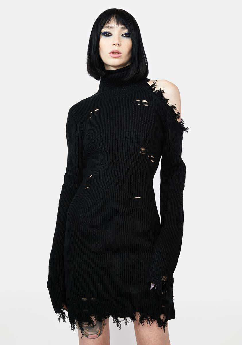 Distressed Asymmetrical Cold Shoulder Bodycon Turtleneck Mini Dress Black – Dolls Kill