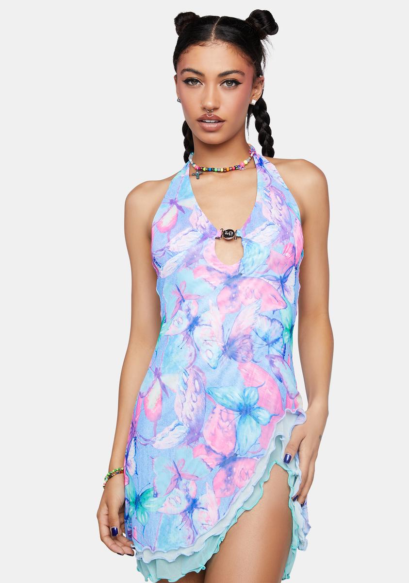 Elsie & Fred Butterfly Print Mesh Mini Dress - Butterfly Print/Blue – Dolls Kill