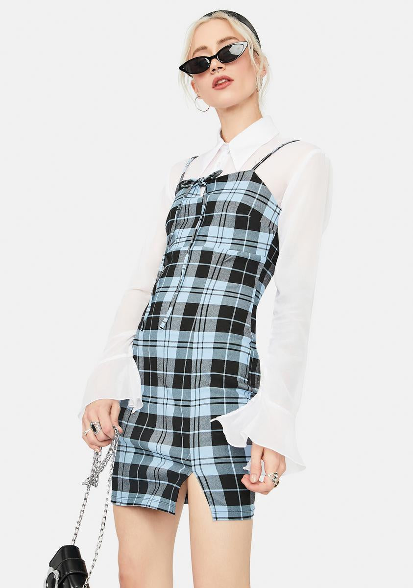 Square Neck Side Split Plaid Mini Dress