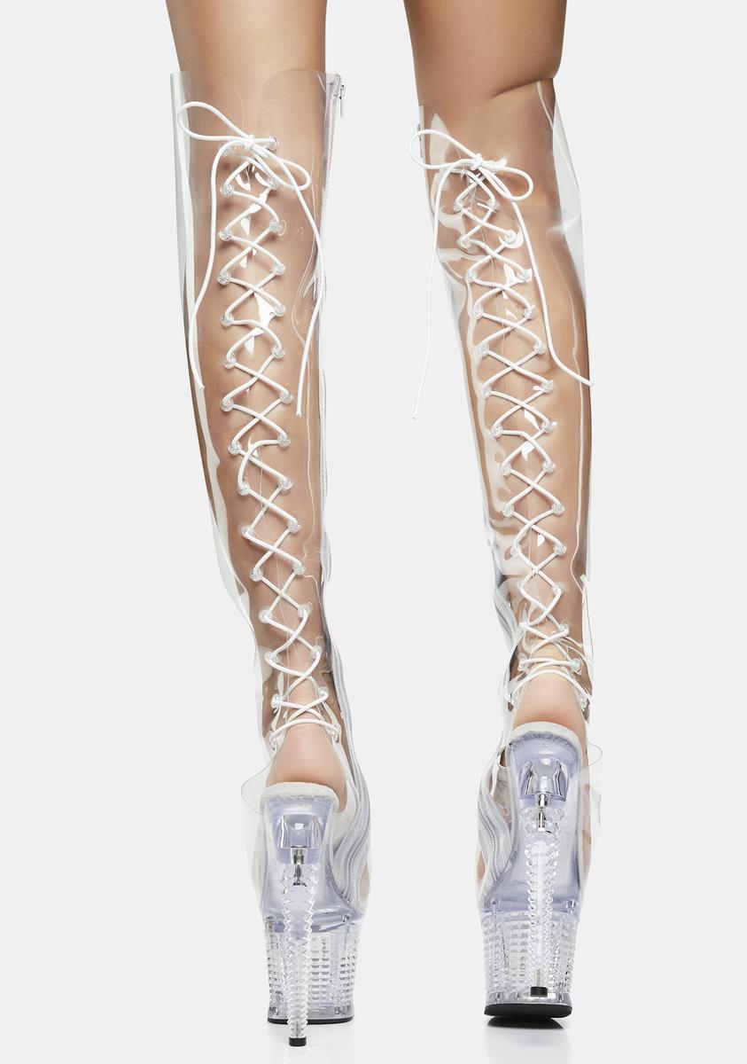 Pleaser Clear Lace Up Thigh High Platform Stiletto Boots