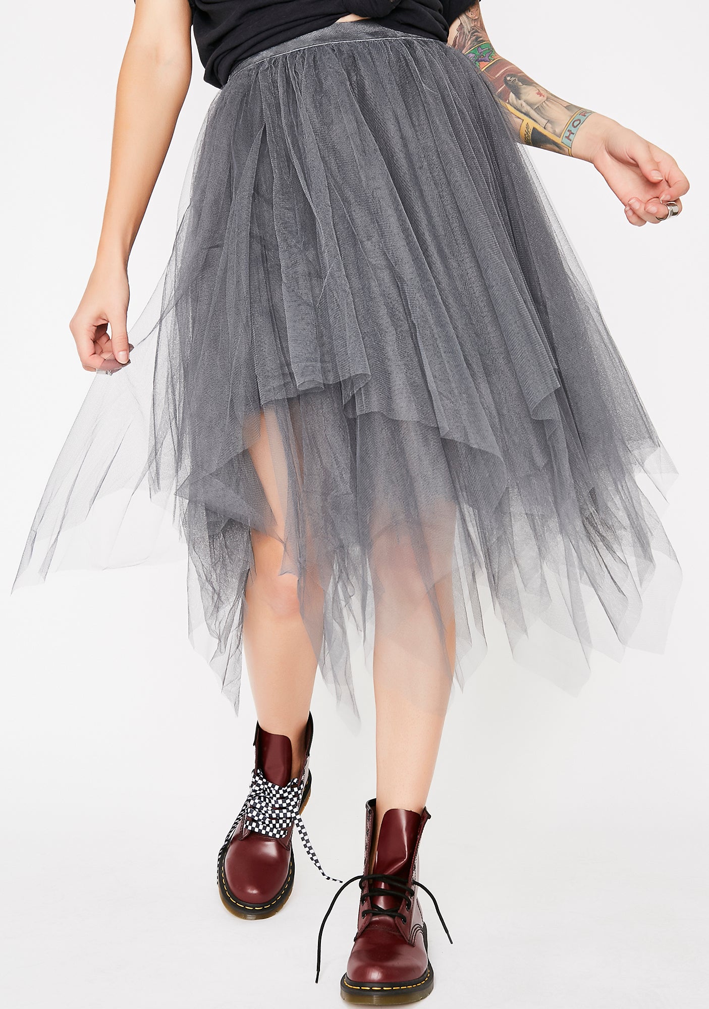 Asymmetrical Grey Tulle Midi Skirt – Dolls Kill