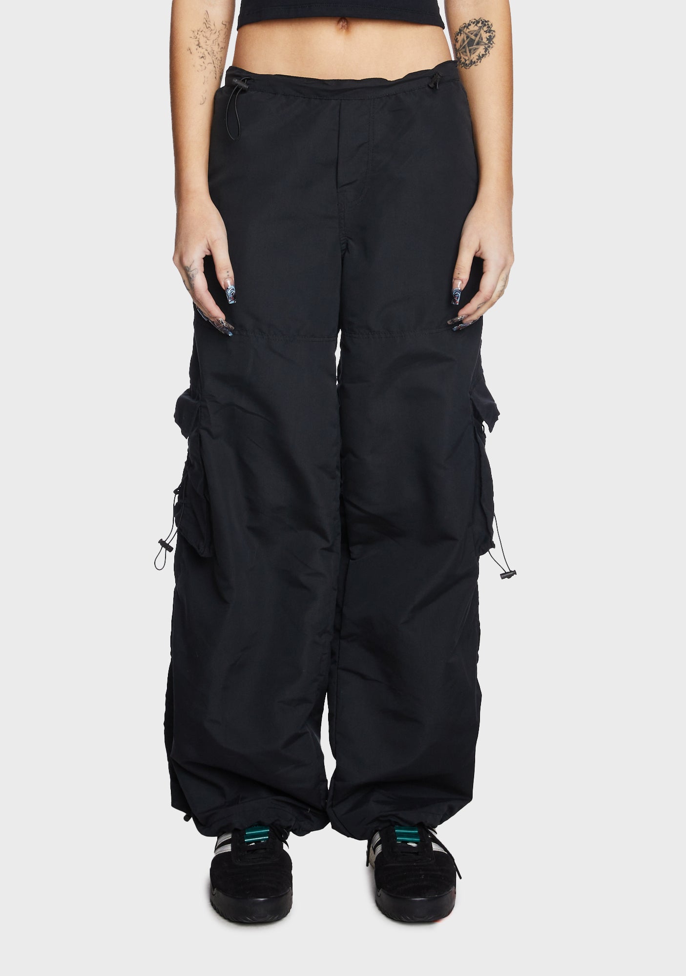 Motel Toggle Pocket Parachute Cargo Pants - Black – Dolls Kill