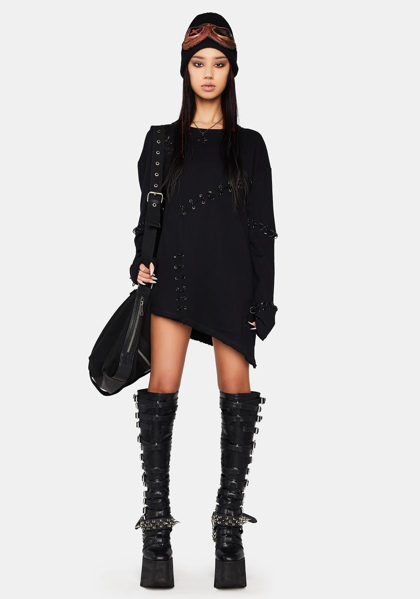 [WOOALONG]★24SS★韓国人気★Shirring slit black one-piece Darker Wavs High Slit Maxi Dress - Black – Dolls Kill