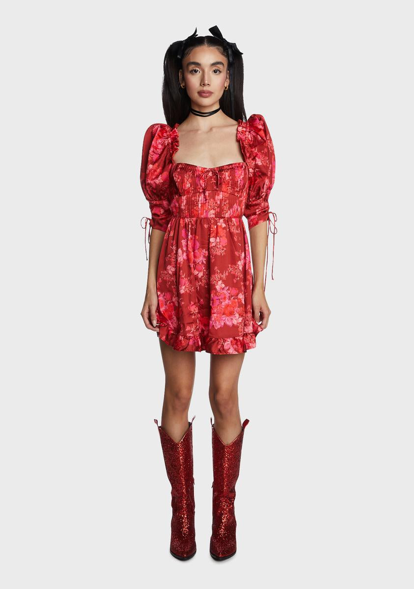 For Love & Lemons Floral Print Puff Shoulder Mini Dress - Red – Dolls Kill