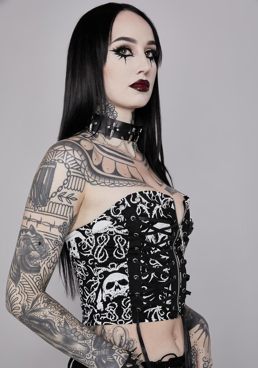 Widow Filigree Skull Print Lace Up Corset Top - Black/White