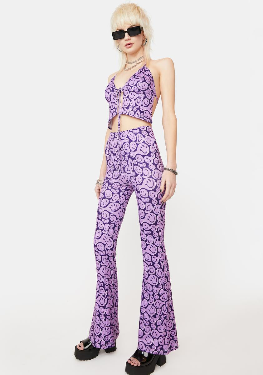 Melted Happy Face Print Flare Pants - Purple – Dolls Kill