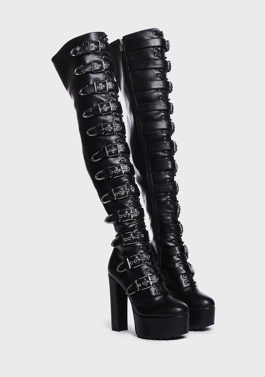 Patent Leather Black Leather Thigh High Boots With Buckles Thigh